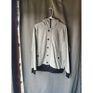 Plus One Mens Gray Black Button Zip Up Hooded Sweatshirt Large Streetwear Hoodie